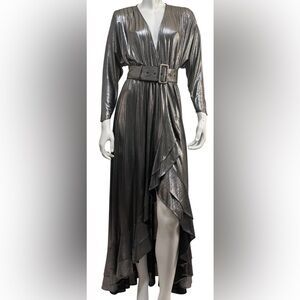 Retrofête Metallic Silver Lame Wrap Maxi Dress Small